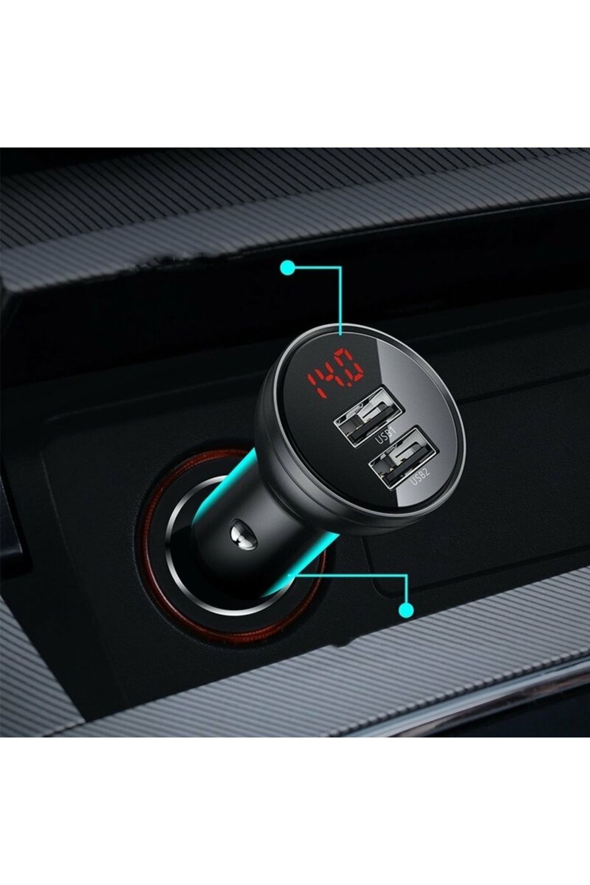 Dali-Încărcător auto, 2xUSB A, Cablu 3 în 1 USB A la Micro-USB, USB Tip-C și Lightning, Afișaj digital, 24W, 3