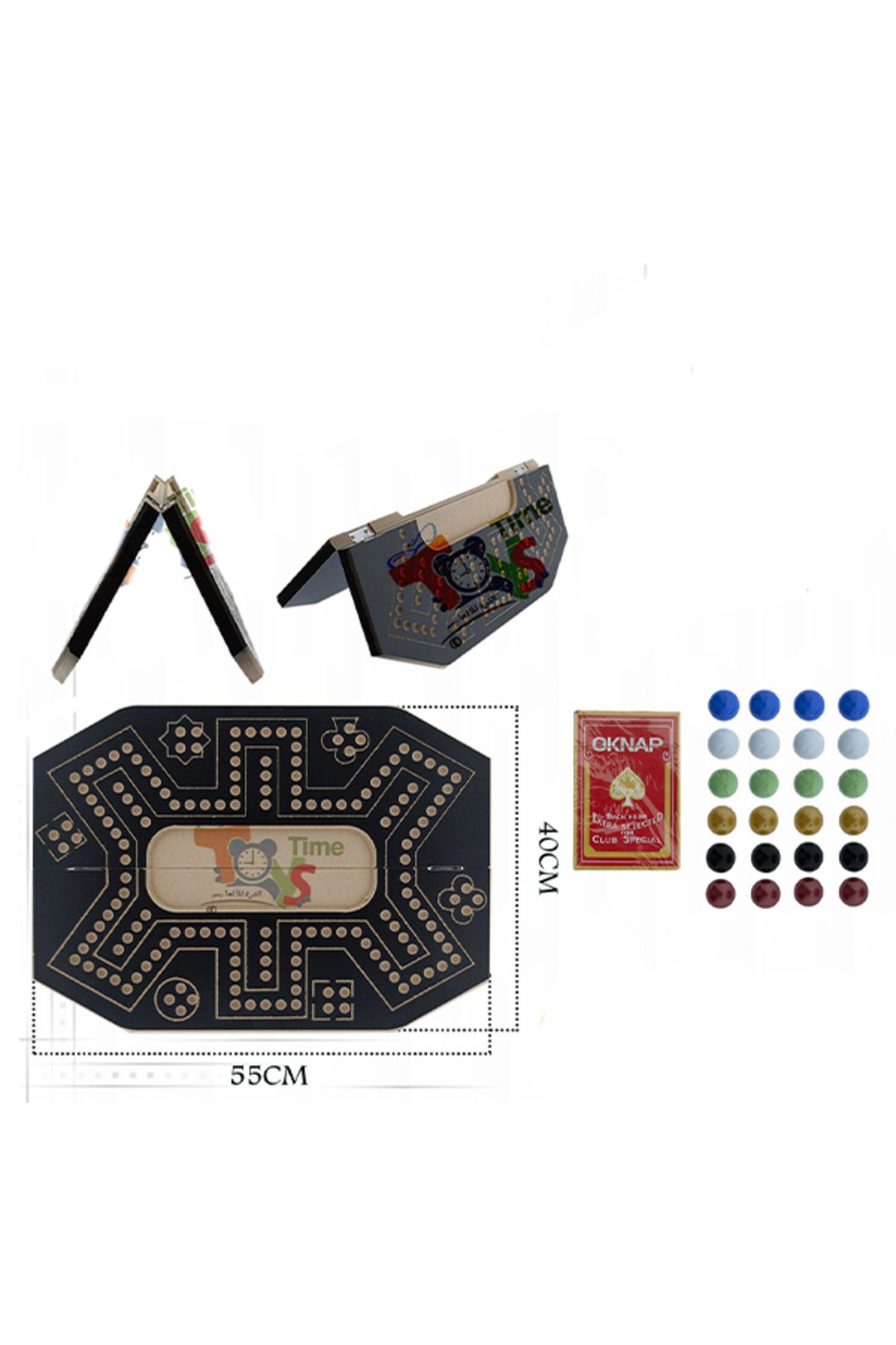 TİME-Foldable Hexagonal Jackaroo Board Game – 55 × 40 cm, with Playing Cards and Colored Marbles 3