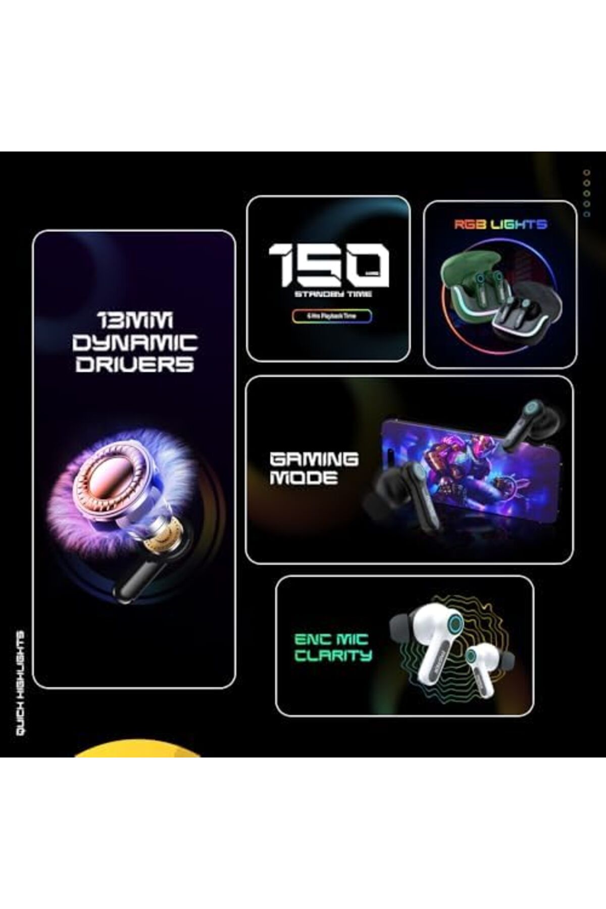 Faster-NeoniX Wireless Earbuds-5.3 Bluetooth Dynamic Driver Low Latency 13mm Speakers ENC, RGB Light 6