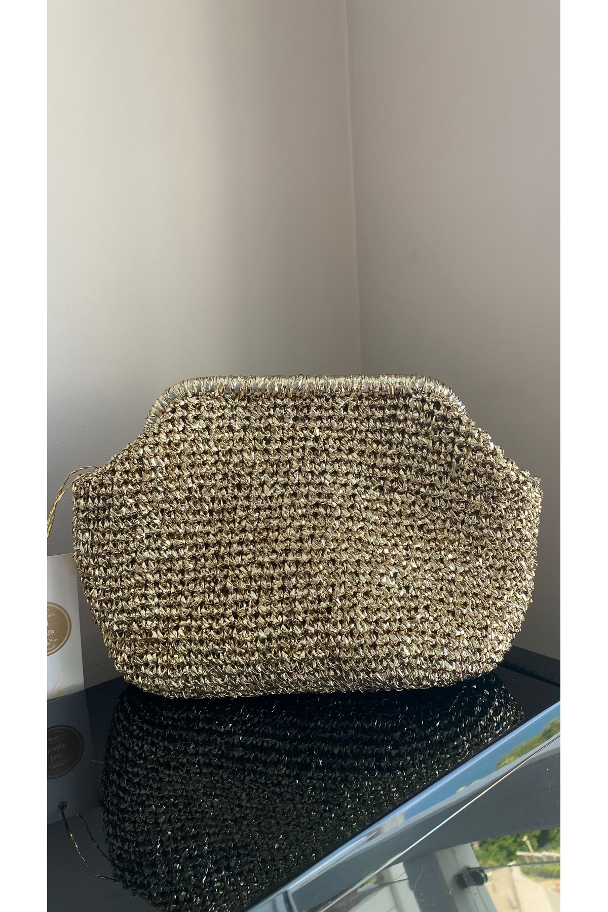 PeriStore Peridesign Soft Altın El Örmesi Portföy Çanta Açık Gold Rengi 25x20 cm Astarlı