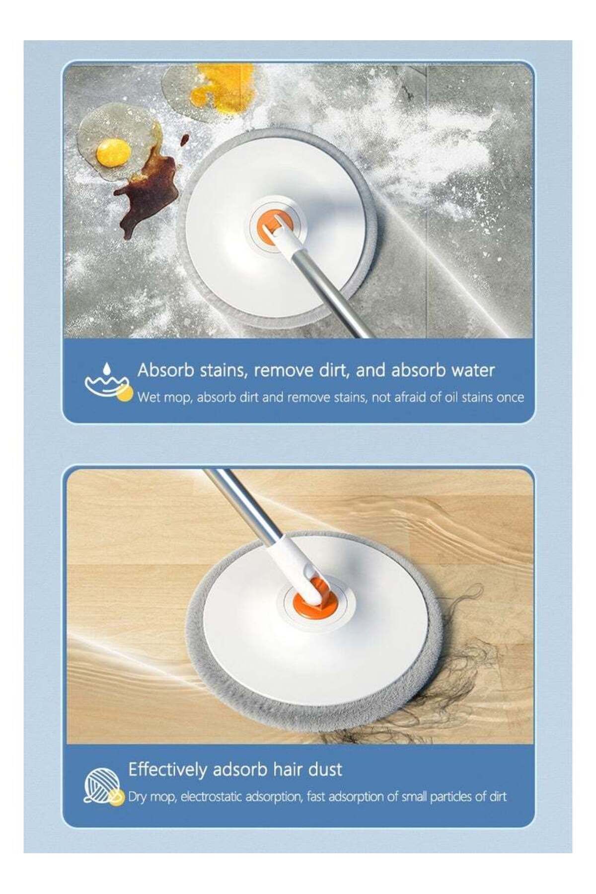 COOYA-Spin Mop and Bucket Set,180° Rotating Mop Head Wet&Dry Use with 2 Washable Pad,Mops for Hardwood 8