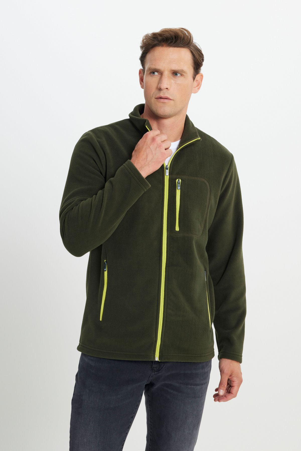 AC&Co / Altınyıldız Classics-Men's Khaki Standard Fit Regular Cut Stand Collar Pocket Zipper Cold Proof Sweatshirt Fleece Jacket 3
