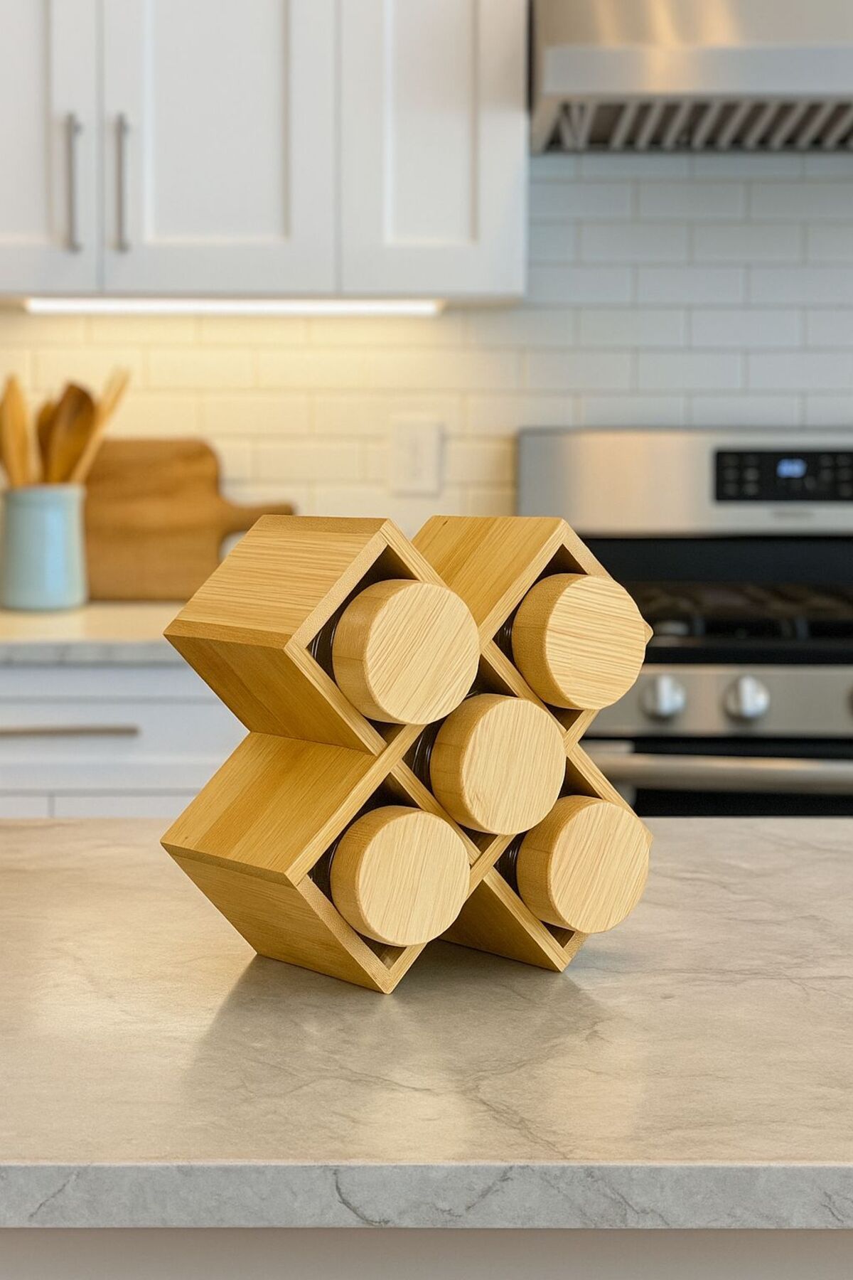 Bayev-Wenken Bamboo Spice Rack Set with Stand and Lid 3506 - X Stand 5-Piece Spice Storage Organizer 1