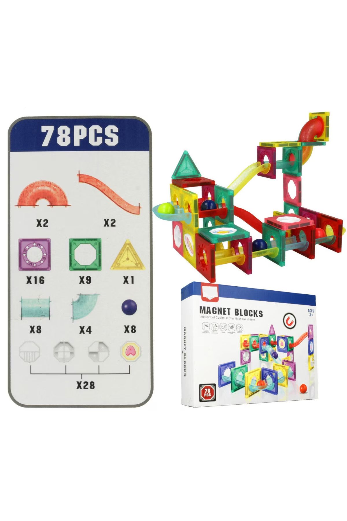 İSP-Set Educativ si Creativ Magnetic 2 in 1 cu 78 Piese, Traseu Bila, "Mini 78 MAGNET BLOCKS", Numeroase 8
