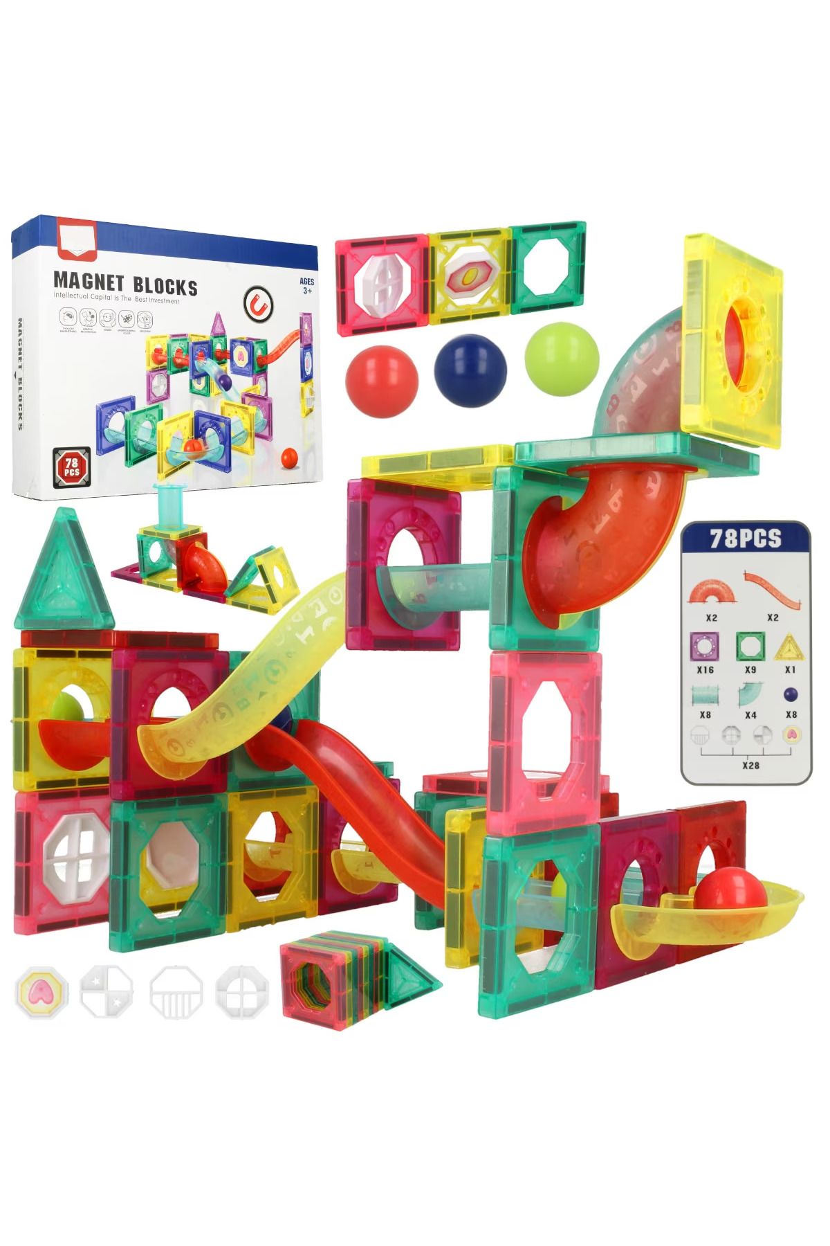 İSP-Set Educativ si Creativ Magnetic 2 in 1 cu 78 Piese, Traseu Bila, "Mini 78 MAGNET BLOCKS", Numeroase 2