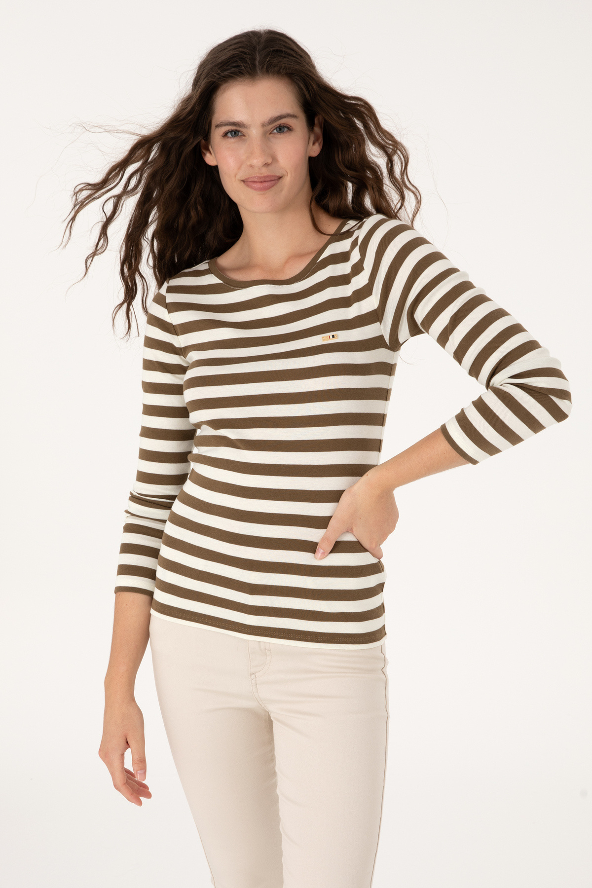 U.S. Polo Assn. Kadın Haki Çizgili Bisiklet Yaka Sweatshırt 50314203-VR027