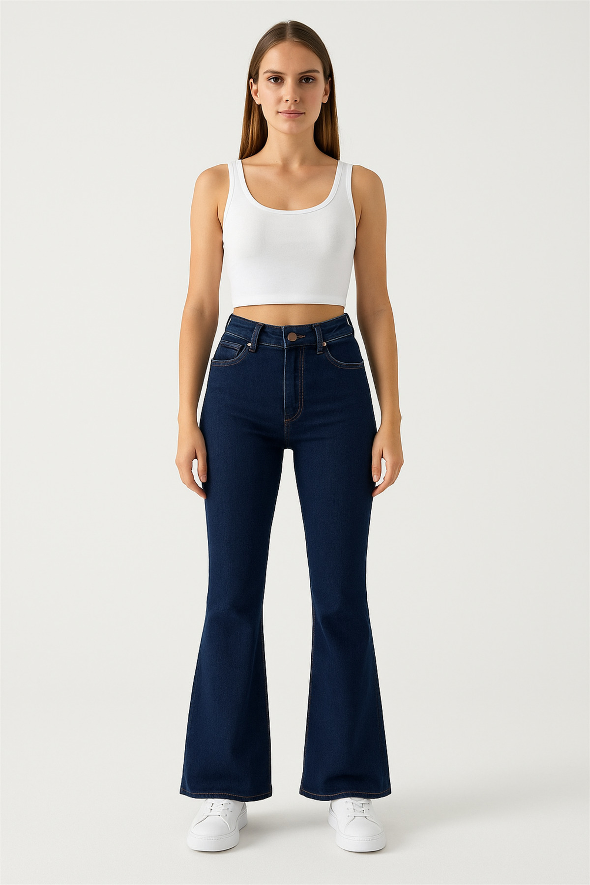 DELDNM  Lina Kadın Koyu Mavi Yüksek Bel Likralı Rahat İspanyol Paça Jeans Flare - Görsel 4