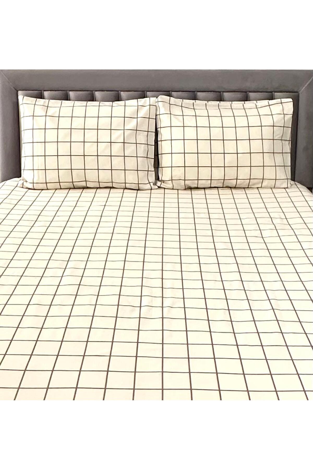 Arma Concept-Double Square Patterned Ranforce Fabric Fitted Elastic Sheet & 2 Pillowcases 2