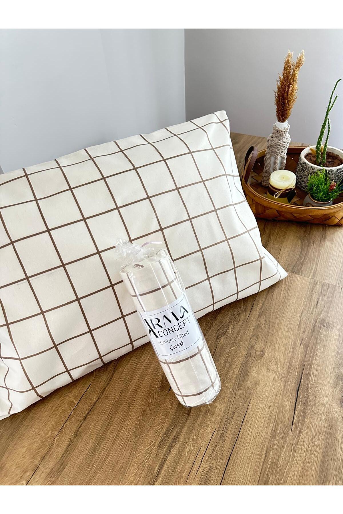 Arma Concept-Double Square Patterned Ranforce Fabric Fitted Elastic Sheet & 2 Pillowcases 4