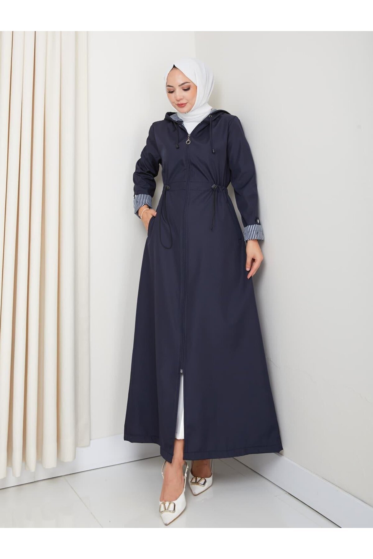 Hb Harma Time Butik Kadın Kapüşonlu Çizgi Detaylı Lacivert Bondit Kap