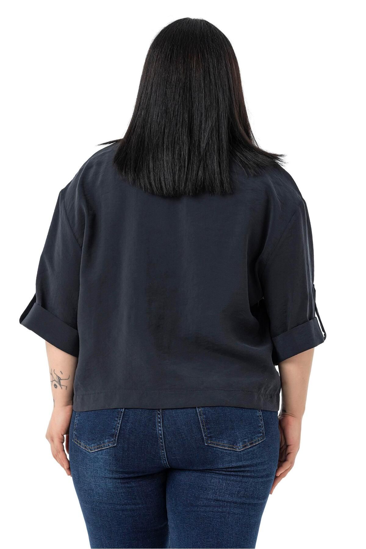 DISENTIS MODEST-Plus Size One Button Short Black Jacket with Low Half Sleeves Epaulettes Pockets 3