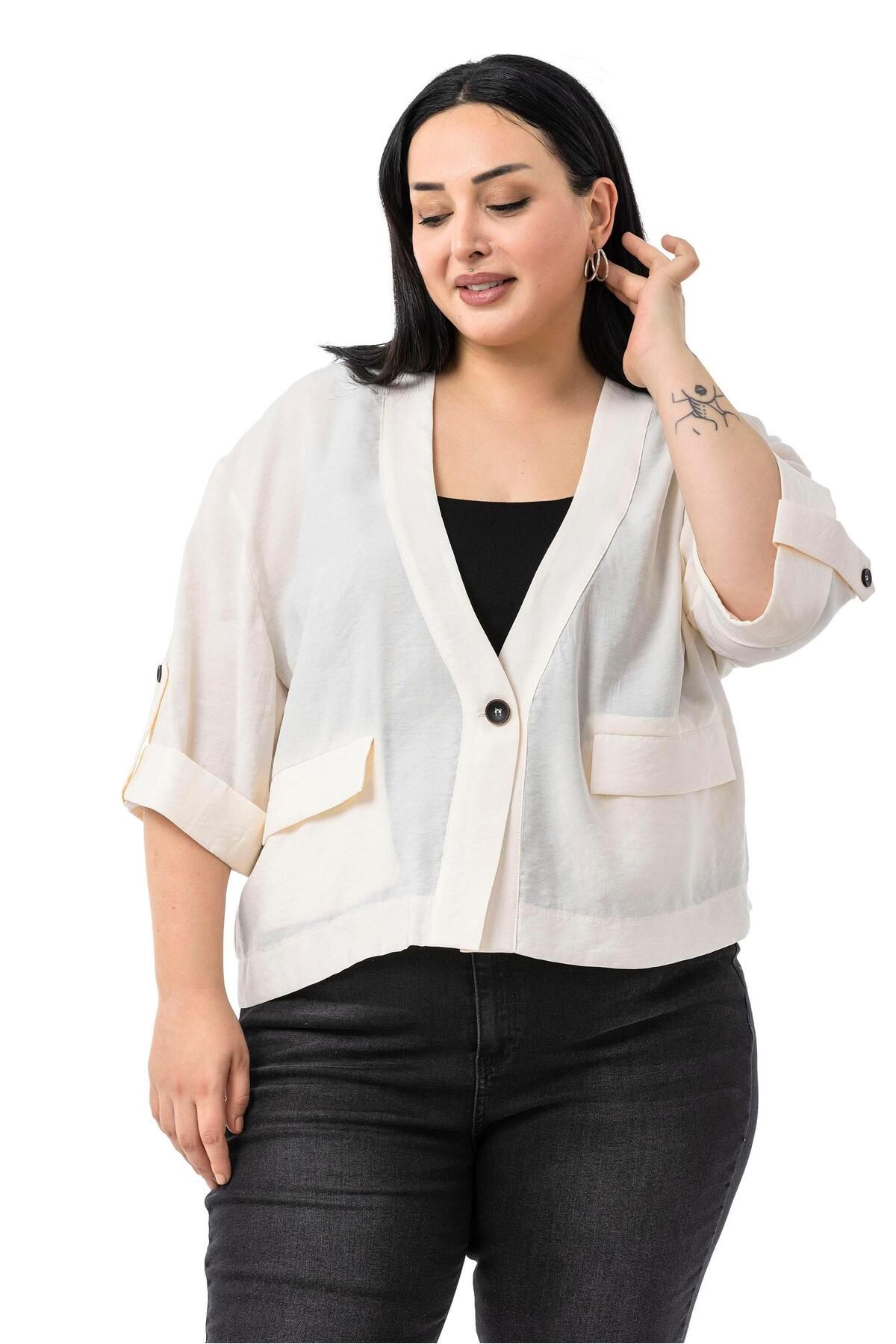 DISENTIS MODEST-Plus Size Single Button Short Beige Jacket with Low Half Sleeves Epaulettes Pockets 2