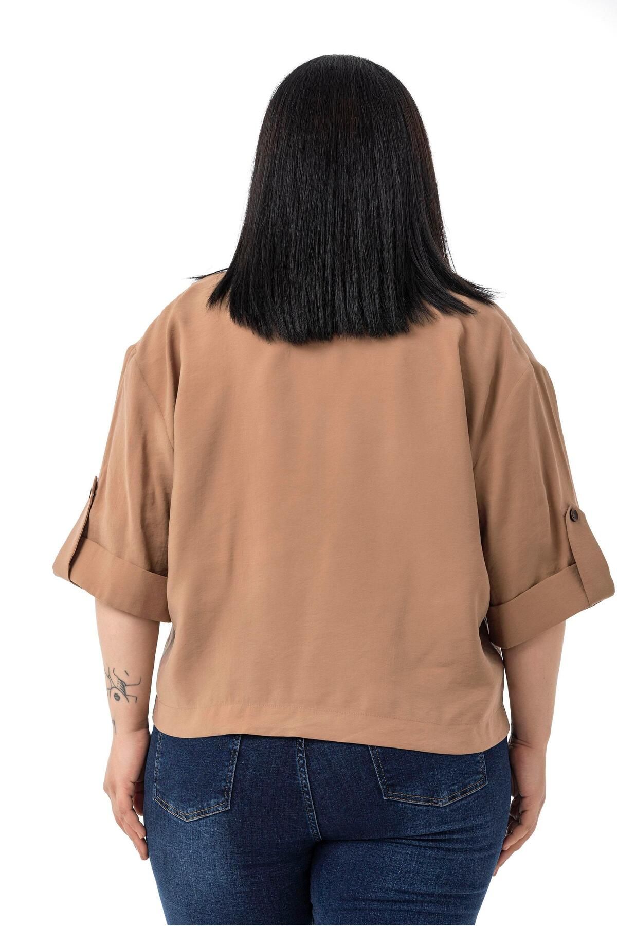 DISENTIS MODEST-Plus Size One Button Short Cinnamon Jacket with Low Half Sleeves Epaulets Pockets 3