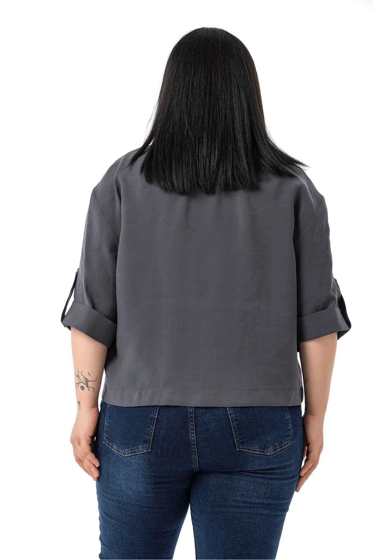 DISENTIS MODEST-Plus Size Single Button Short Anthracite Jacket with Low Half Sleeves Epaulettes Pockets 3