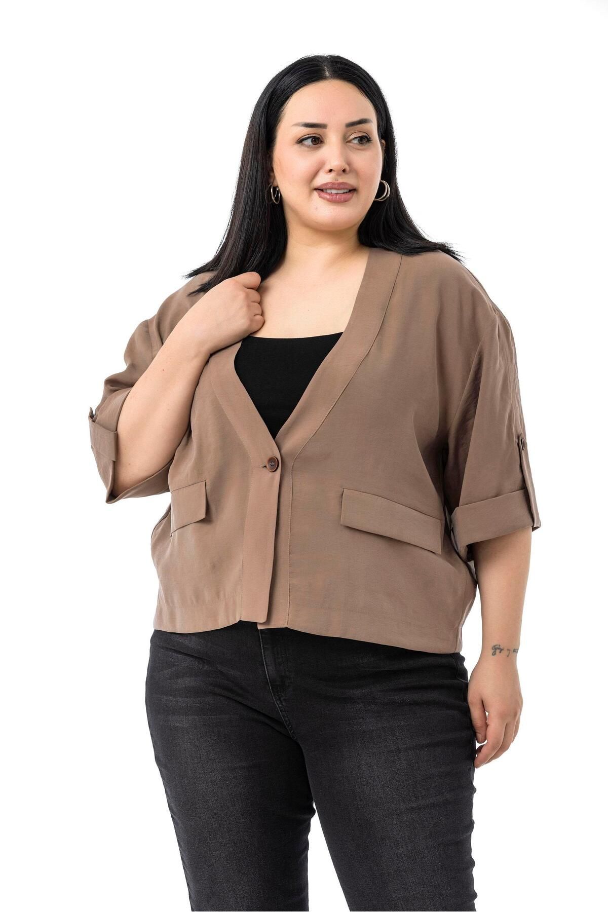 DISENTIS MODEST-Plus Size One Button Short Brown Jacket with Low Half Sleeves Epaulettes Pockets 2