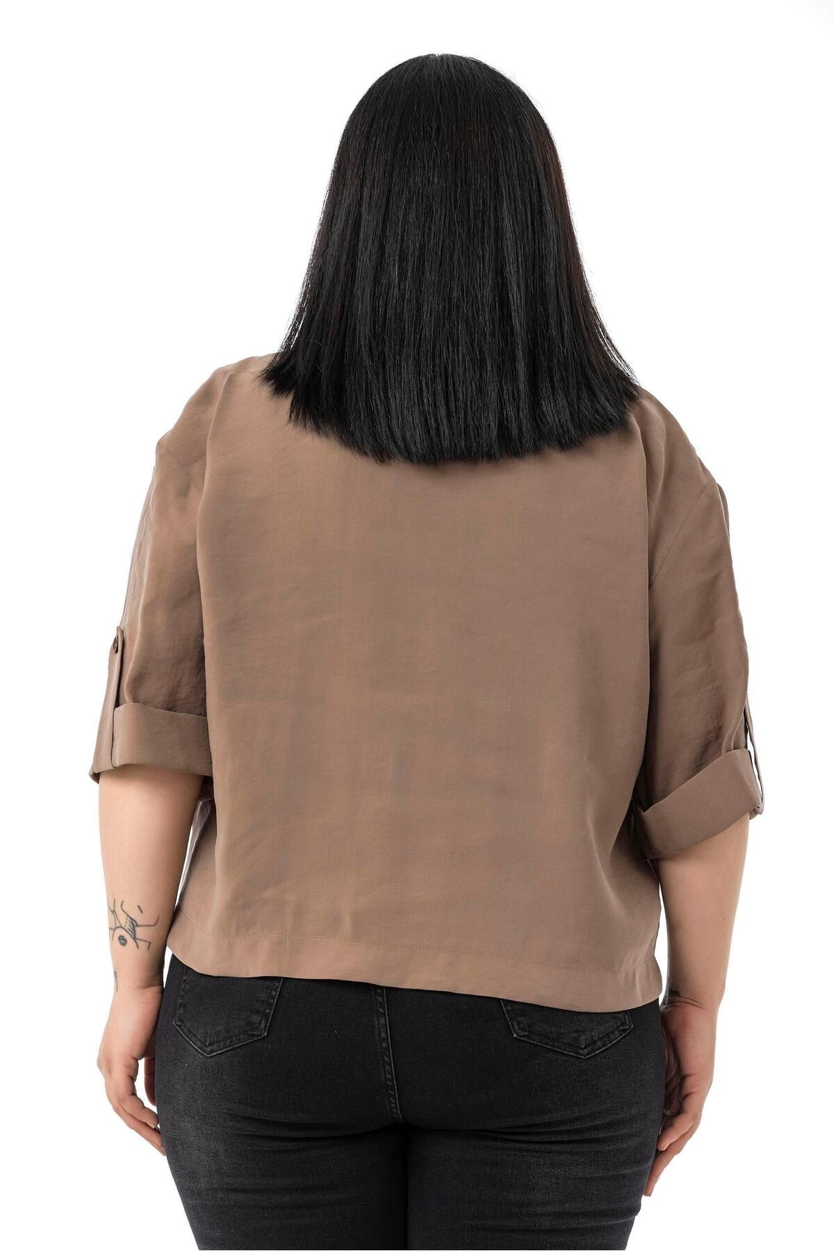 DISENTIS MODEST-Plus Size One Button Short Brown Jacket with Low Half Sleeves Epaulettes Pockets 3