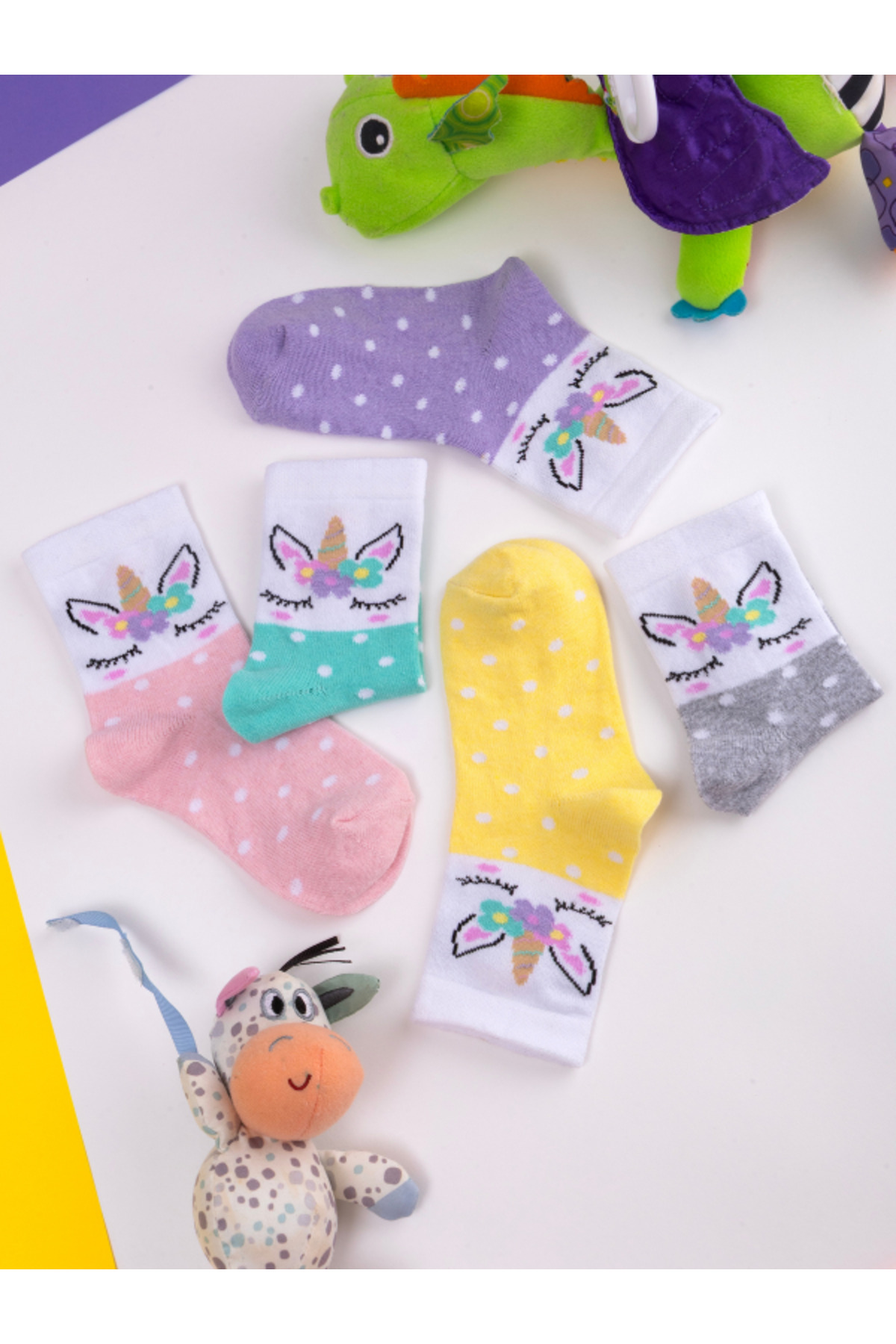 Hobins Sportswear & Company 5'Çift Bebek & Çocuk Çorabı Unicorn Desenli Okul,Günlük,Dört Mevsim çorap fotoğrafı 2 (önizleme)