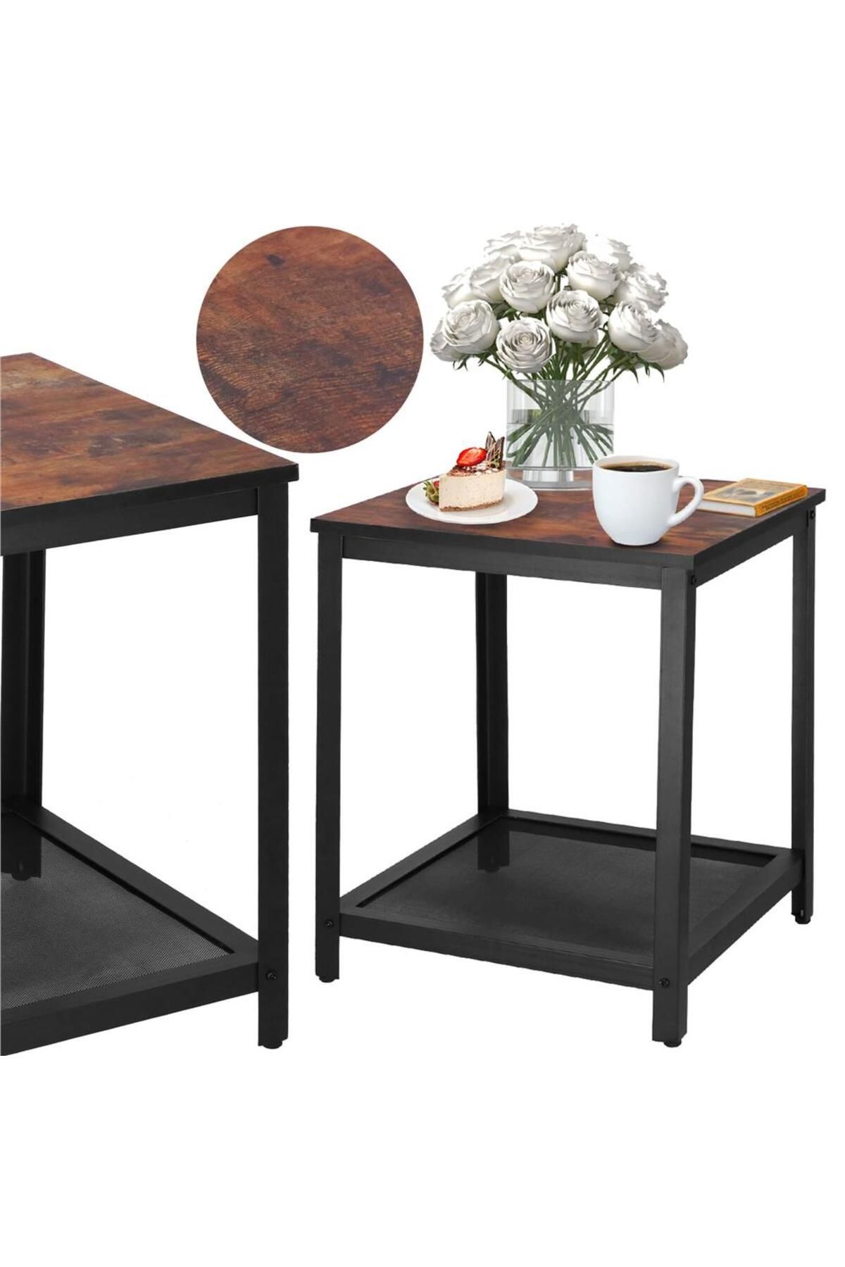 SERSIMO-Square coffee table, bedside table with steel frame and storage shelf, 45x45x55 cm, rustic brown 5