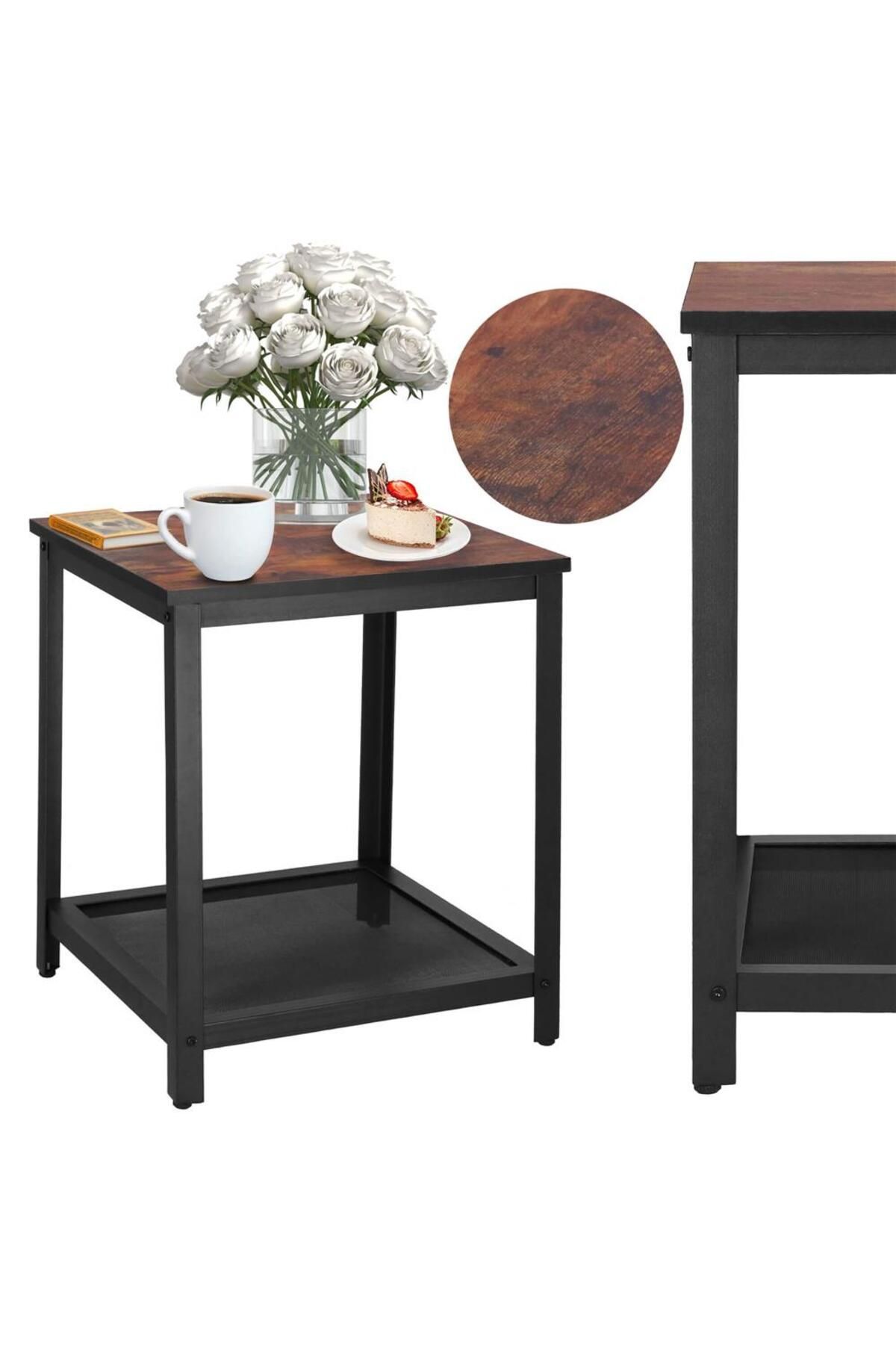 SERSIMO-Square coffee table, bedside table with steel frame and storage shelf, 45x45x55 cm, rustic brown 3