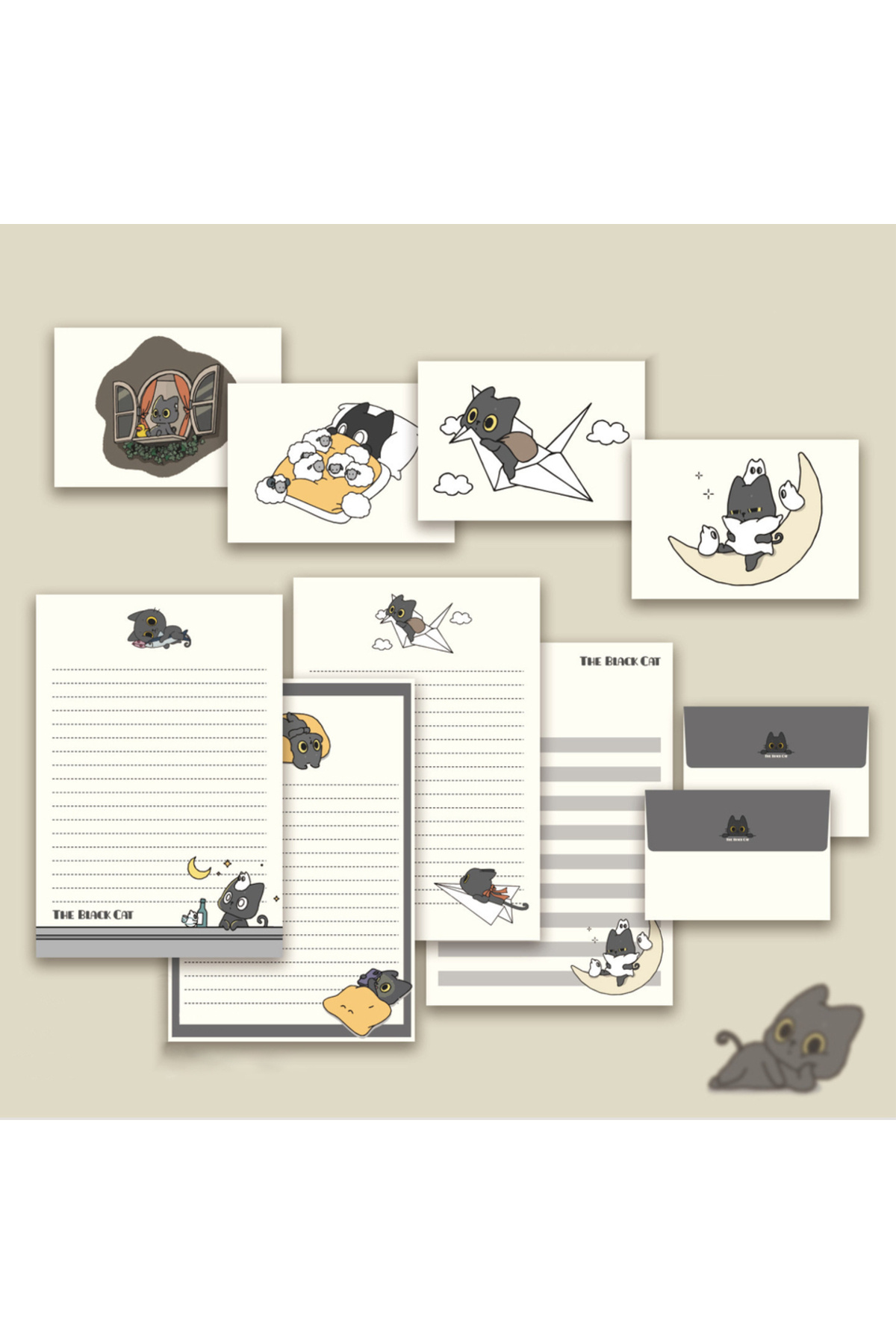 Choice-WHITE Cute little black cat set of envelope paper, 4 sheets of paper and 4 envelopes, suitable for i 1