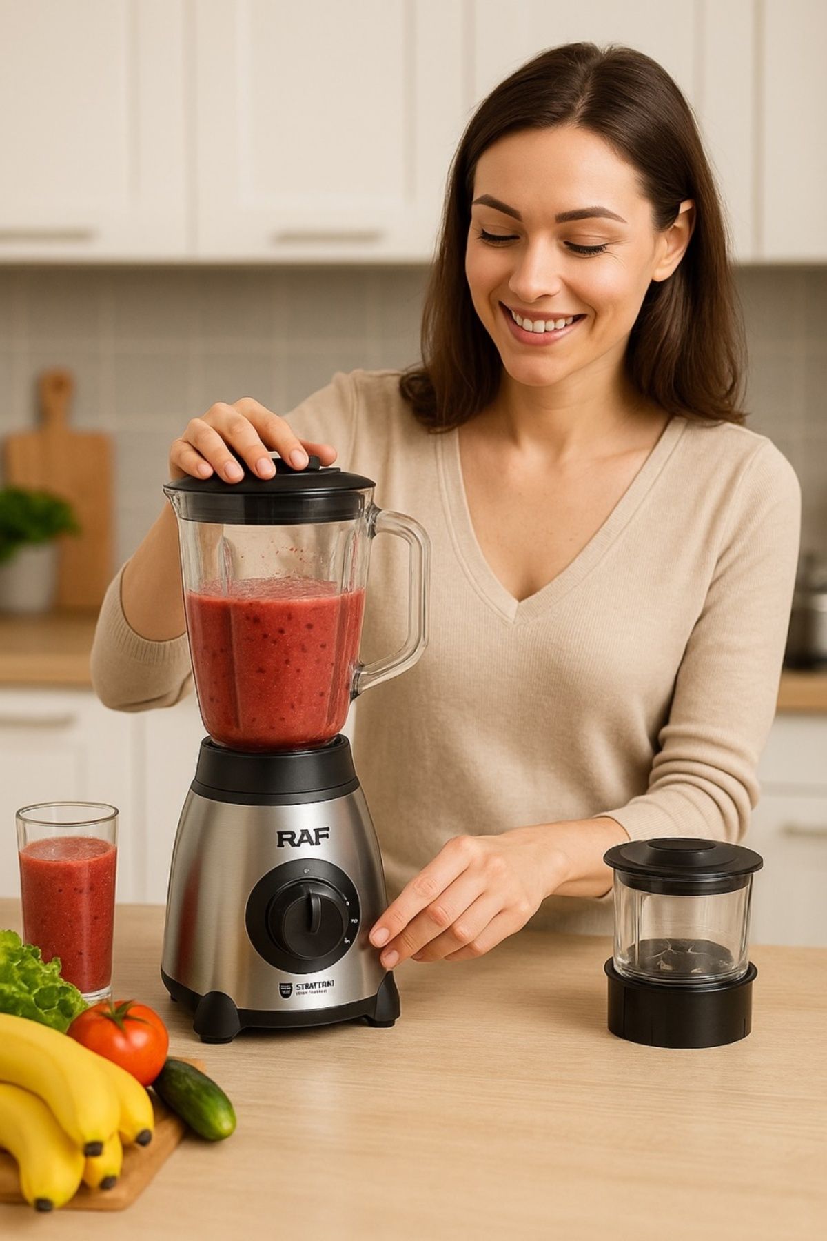 raf-Blender electric 3 în 1 R.2871, 1000W, recipient din sticlă de 1,5 l, bol din oțel inoxidabil, 2 viteze + Pulse 2