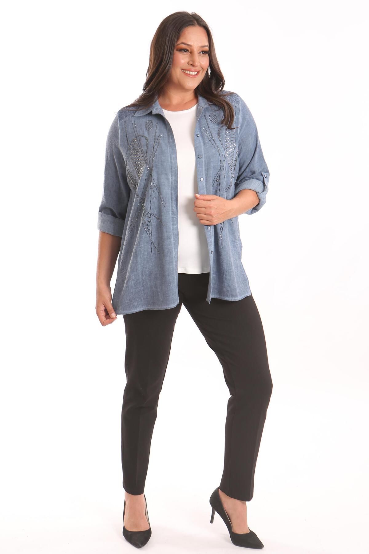 SERTUĞ-Tren42plus Plus Size Stone Printed Indigo Πουκάμισο Μπλούζα Σετ δύο τεμαχίων 6