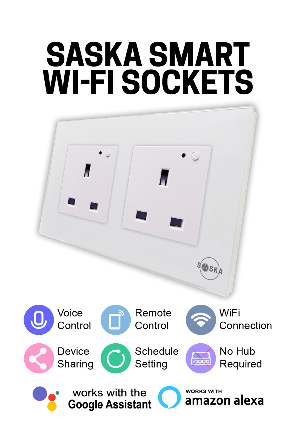 SASKA-WiFi Smart Wall Socket Outlet app Control Works with Alexa (White, Double Socket) 2