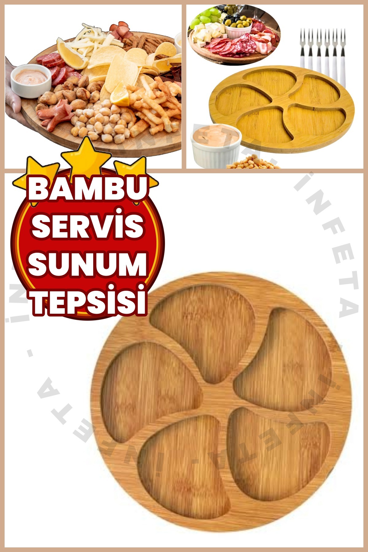 İnfeta Bambu Sunum Servis Tepsisi&Tabağı-Çerezlik Kahvaltılık Peynir Tabağı 5 Bölmeli