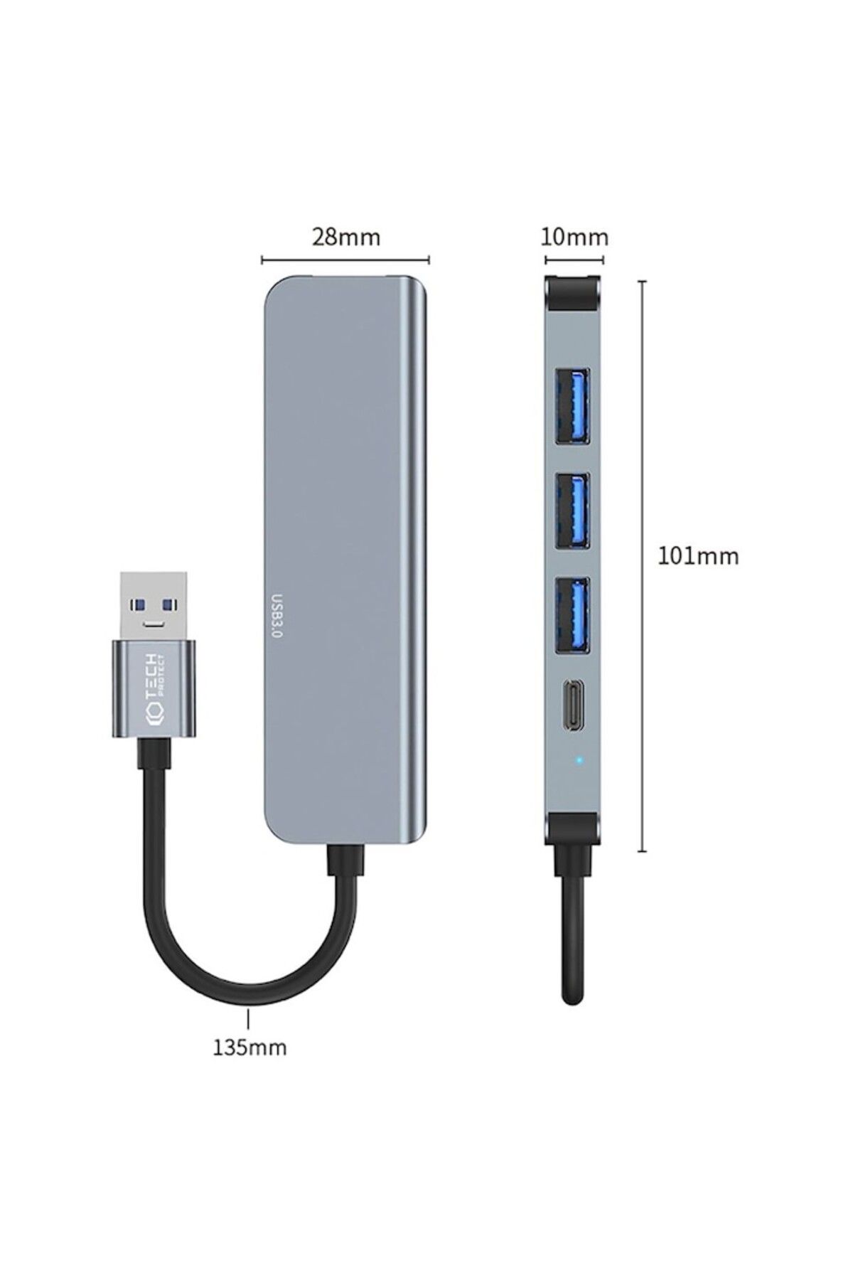 Tech-Protect-Adaptor HUB din aluminiu 5-în-1 V0, USB - 3x USB 2.0, 1x USB 3.0, 1x USB Tip-C, Gri 3