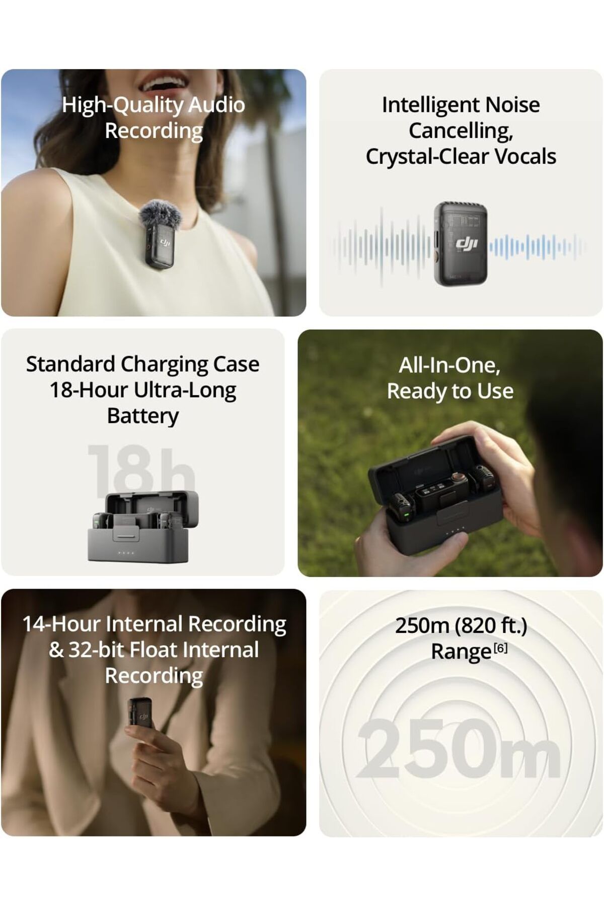 DJI-Mic 2, Wireless Lavalier Microphone, Noise Cancelling, 48kHz 32-bit Float Internal Recording, 82 3