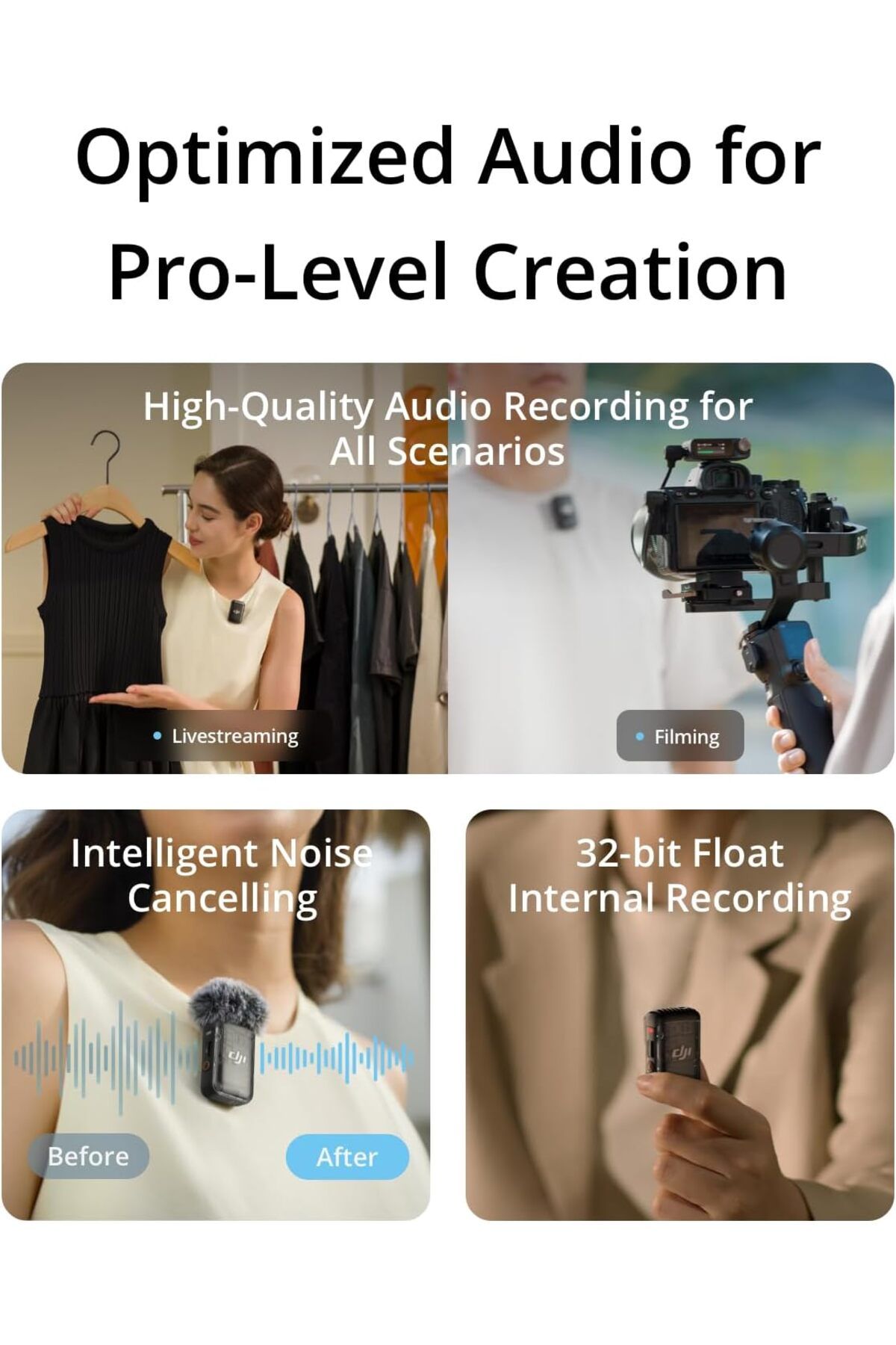 DJI-Mic 2, Wireless Lavalier Microphone, Noise Cancelling, 48kHz 32-bit Float Internal Recording, 82 7