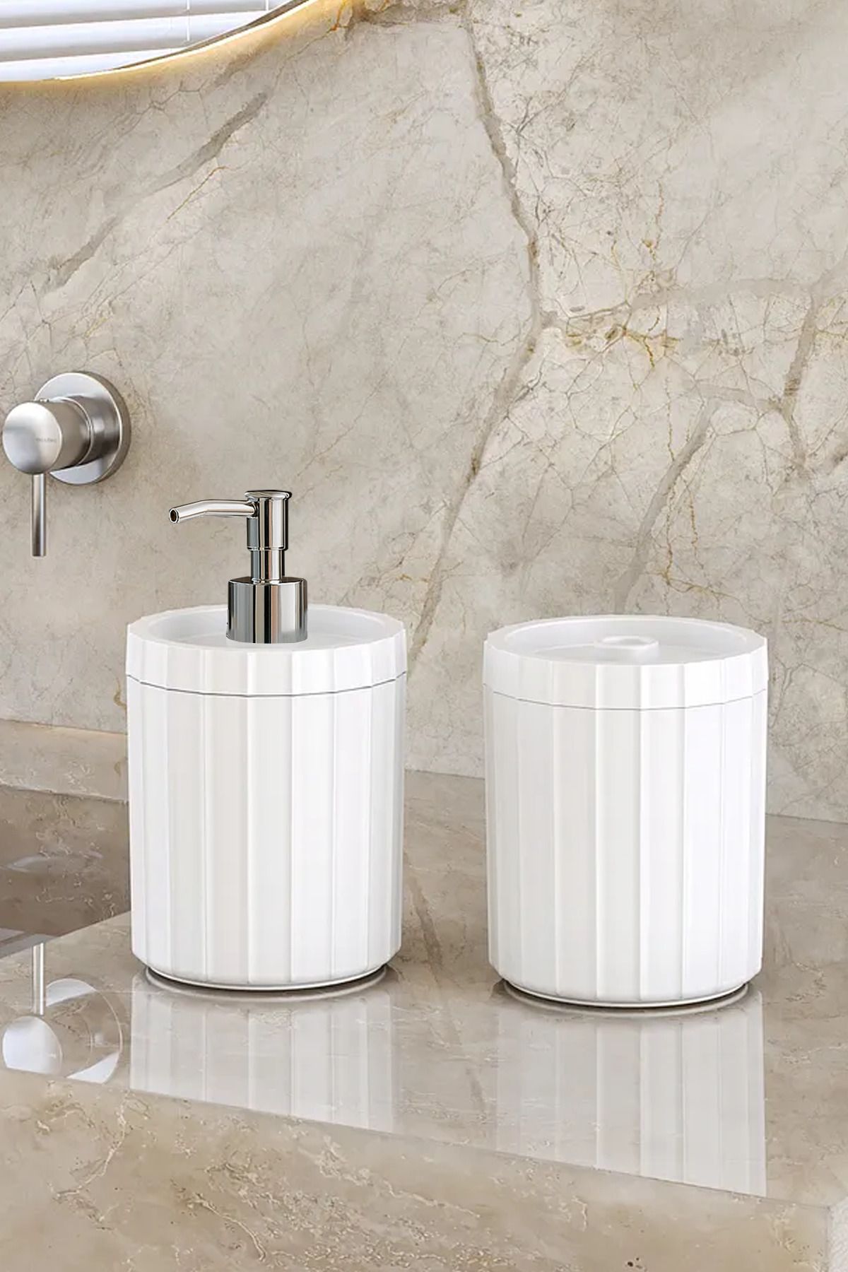 DOVİHOME-Double XL Large Size Line Pattern 700ml Countertop Silver Pump Liquid Soap Dispenser and Cotton Lint Set White 1