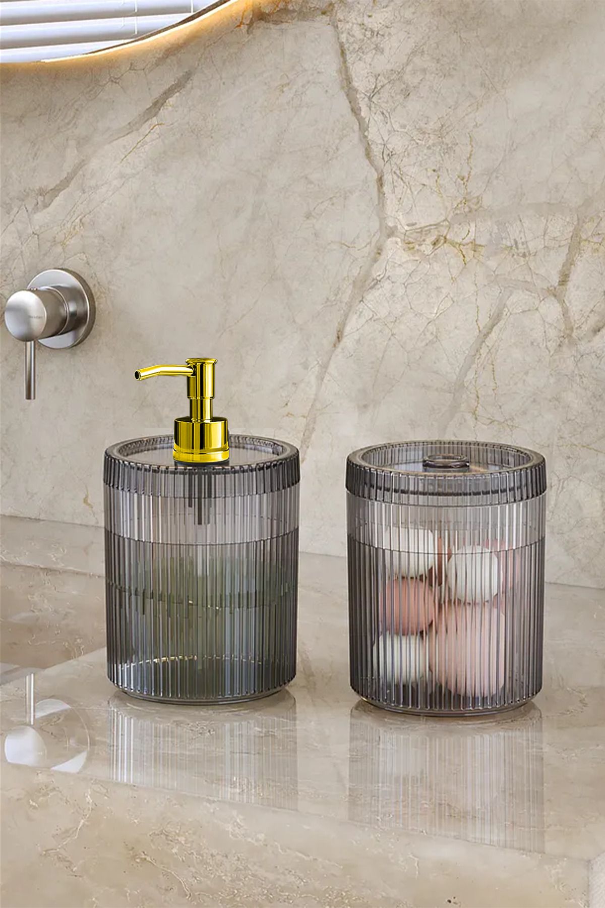 DOVİHOME-Double XL Large Size Striped 700ml Countertop Gold Pump Liquid Soap Dispenser and Cotton Lint Set Smoked 1