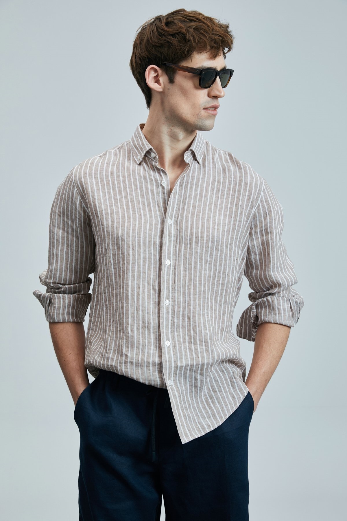 Lufian  111010632 Alfred Erkek Keten Pamuklu Gömlek Regular Fit Erkek Gömlek BEJ - Görsel 5