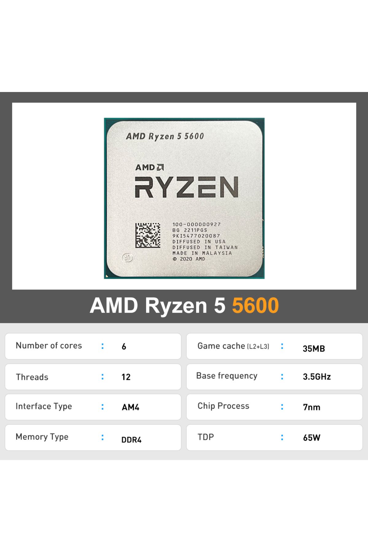 Amd-معالج وحدة المعالجة المركزية الجديد Ryzen 5 5600 R5 5600 بسرعة 3.5 جيجاهرتز 6 أنوية و12 خيطًا 7NM L3=32M 100-000000927 Sock... 4