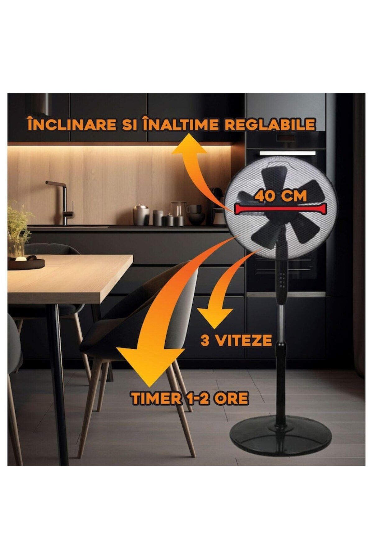 Hausberg-Ventilator cu picior 40 cm, timer 1-2 ore, Putere 45 W, Buton cu 3 viteze, control pentru oscilatie, 3