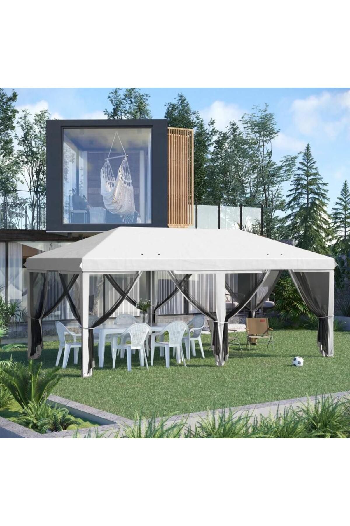 Mercaton-Terrace or garden pavilion with metal frame and anti-insect net, black and white, 5.85x2.95x2.70 8