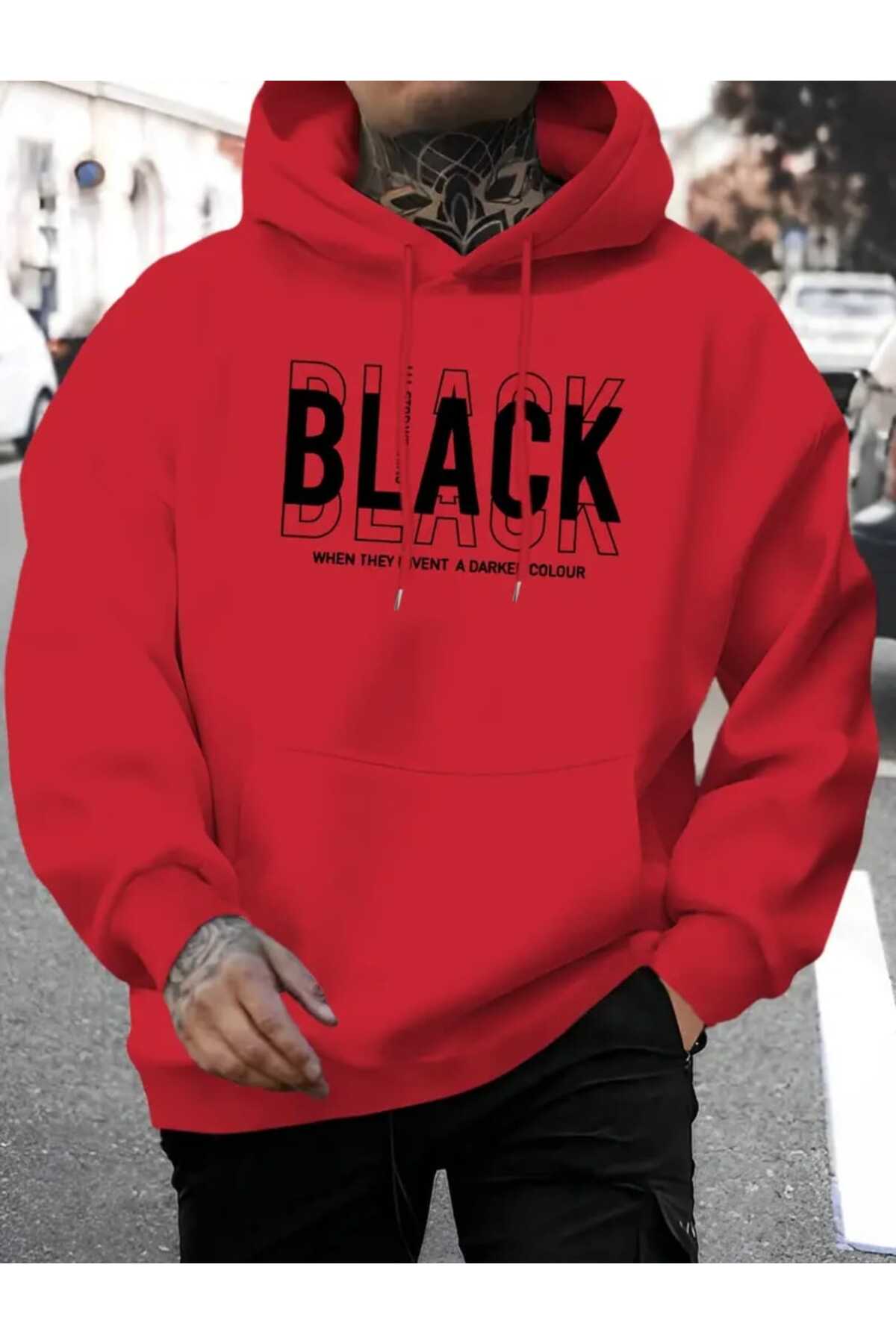 caddekombin Darker Black Printed Hooded Pocket Red Sweatshirt with Wool Inside