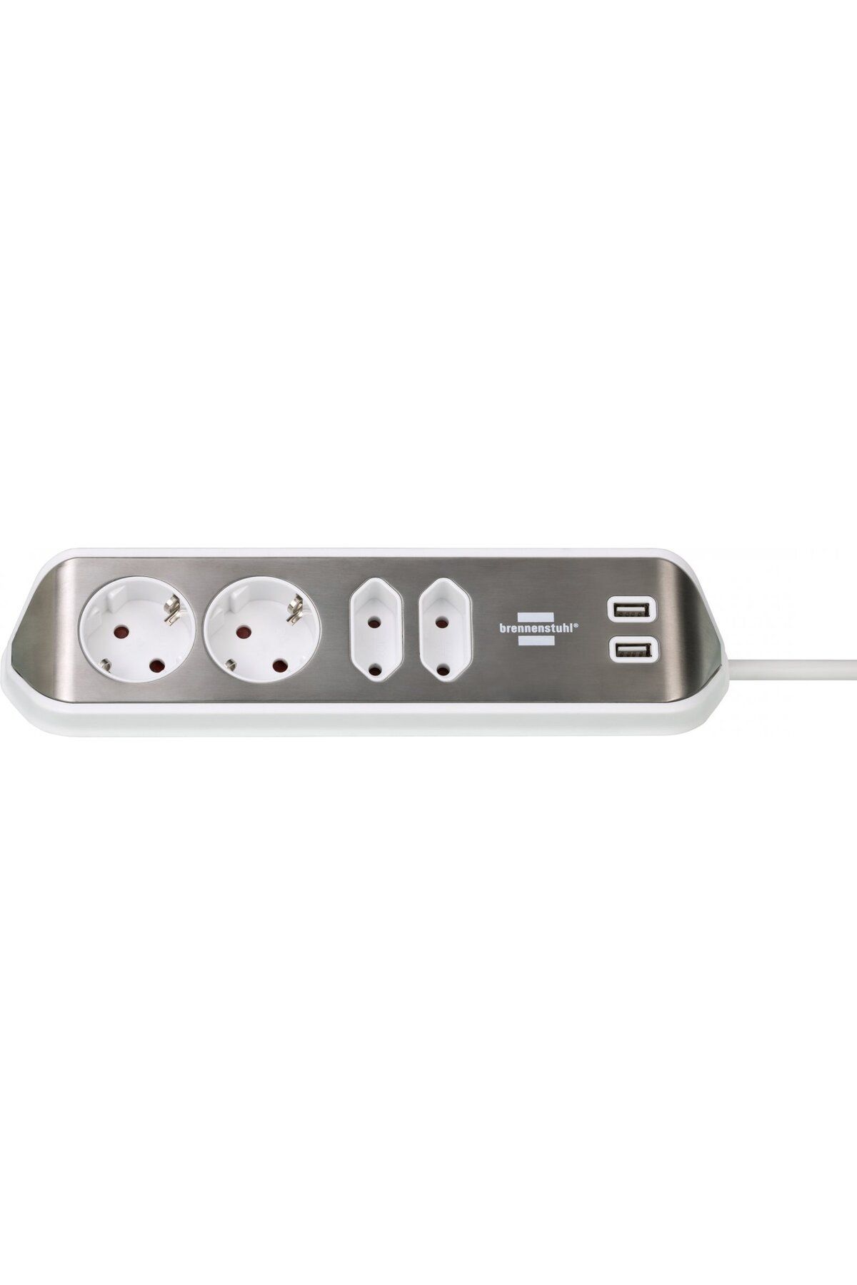 Brennenstuhl-Prelungitor pentru perete colt Estilo 4 prize, 2 USB, 3.1 A, 2m Inox, Adeziv inclu 1