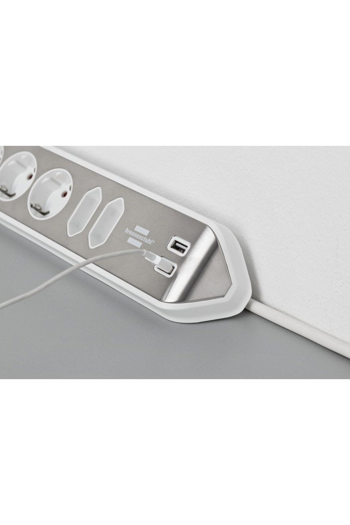 Brennenstuhl-Prelungitor pentru perete colt Estilo 6 prize, 2 USB, 3.1 A, 2m Inox, Adeziv inclu 3