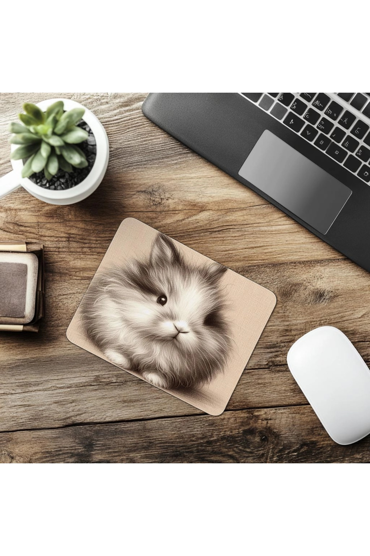 Luluyen-Hand Drawn Rabbit Mousepad on Cream Background - 19X23 cm 2 mm Rectangle Imported Printed Mouse Pad 6