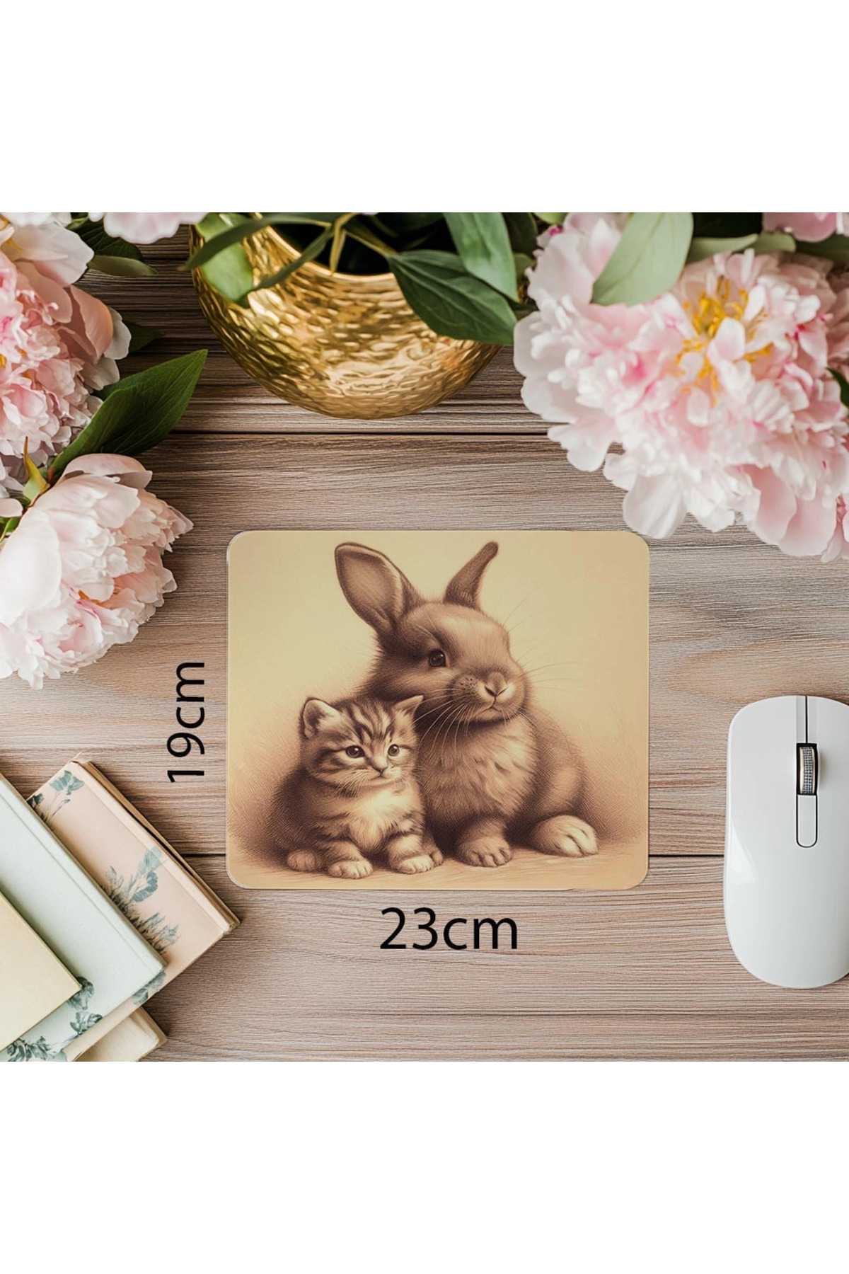 Luluyen-Rabbit and Cat Sitting Side by Side Mousepad - 19X23 cm 2 mm Rectangle Imported Printed Mouse Pad 1