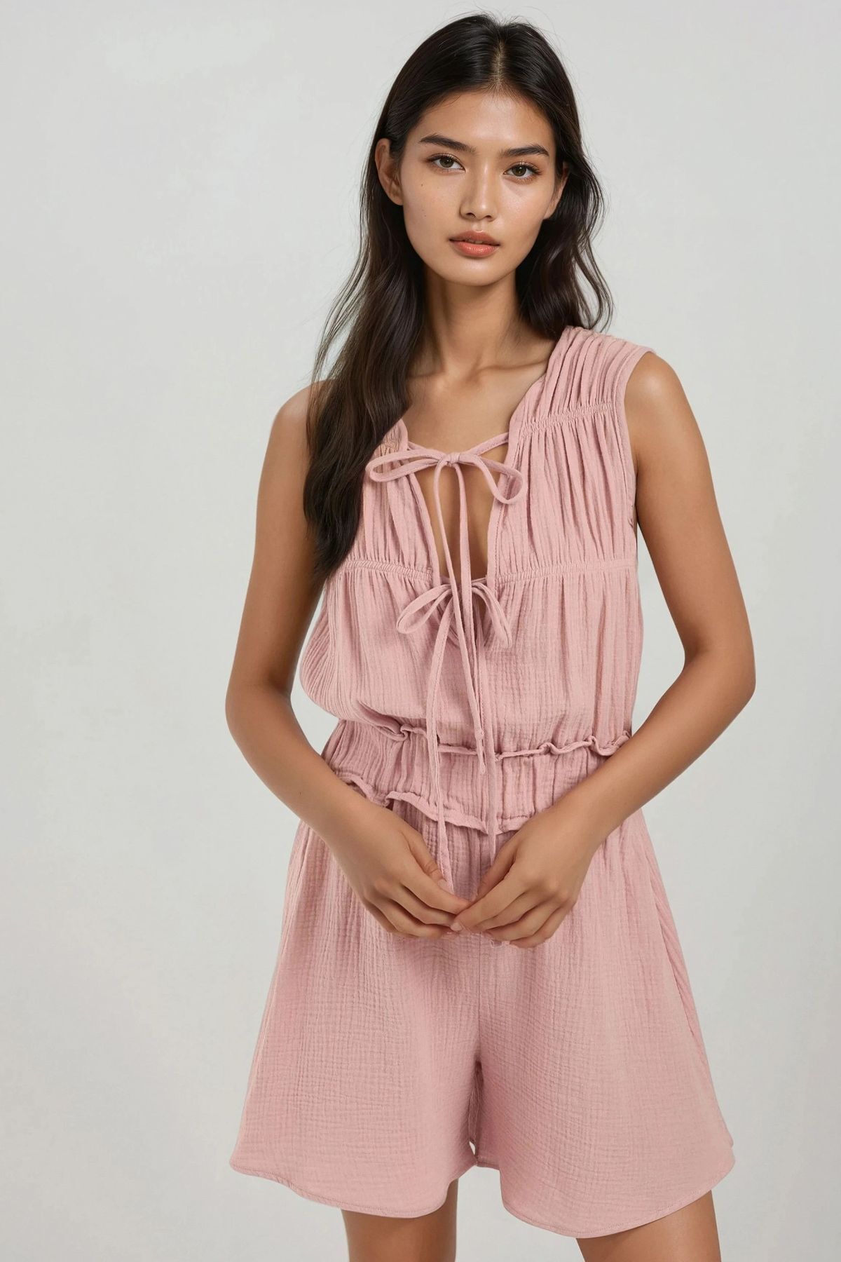 Hiccup-Textured Shorts Jumpsuit with Tie Detail on the Back 1