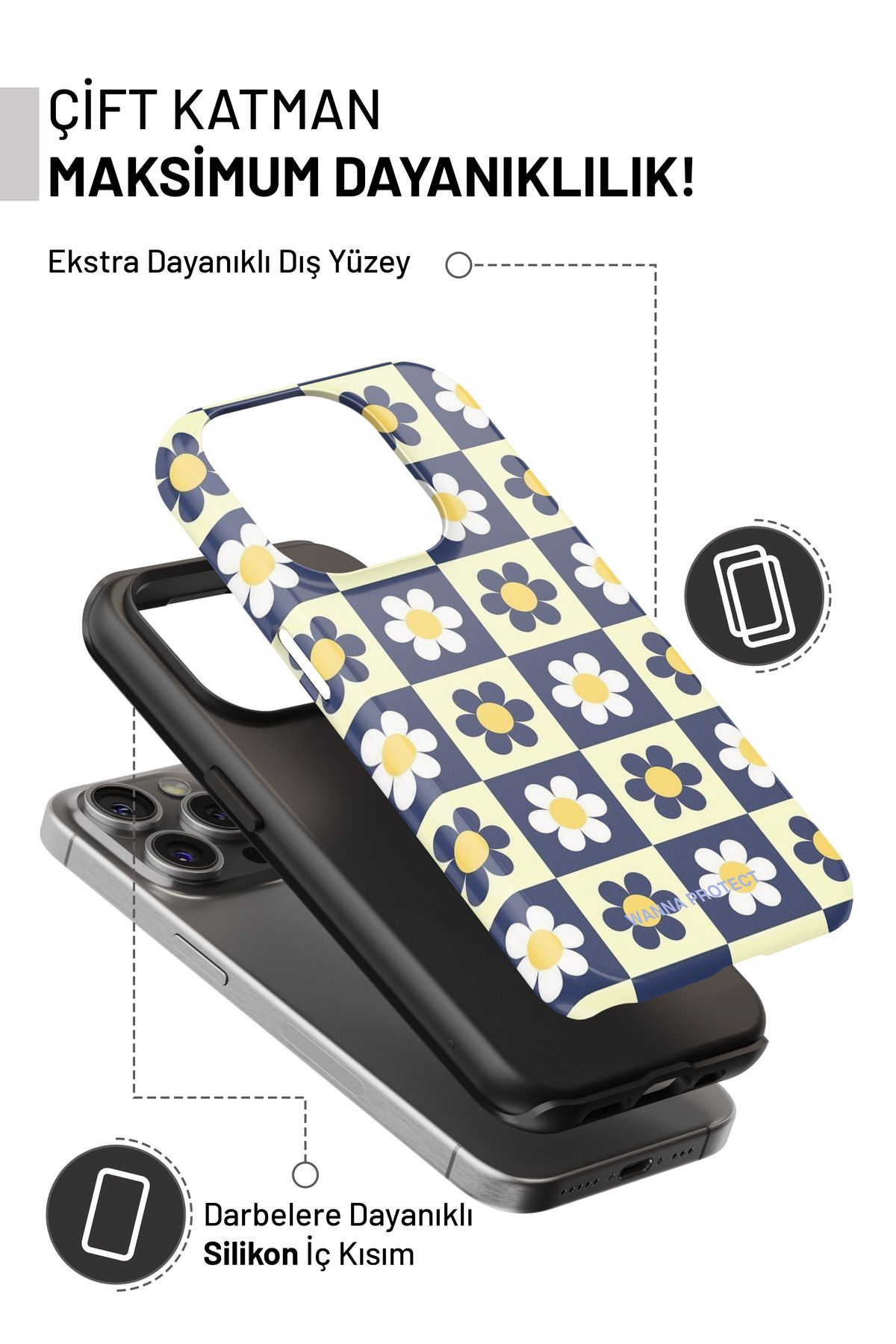 WANNA PROTECT-حافظة هاتف iPhone 16 مزدوجة الطبقات ممتصة للصدمات من Dama Daisy Glossy Superior PROTECT 2
