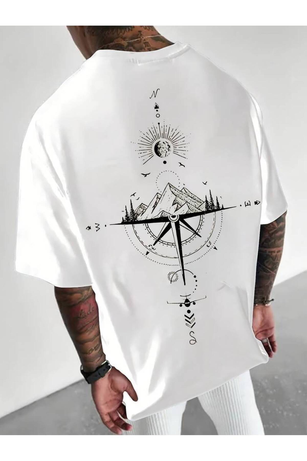 Harajuku Style Belo sunce i planinski kompas Štampano muška majica Oversize k...