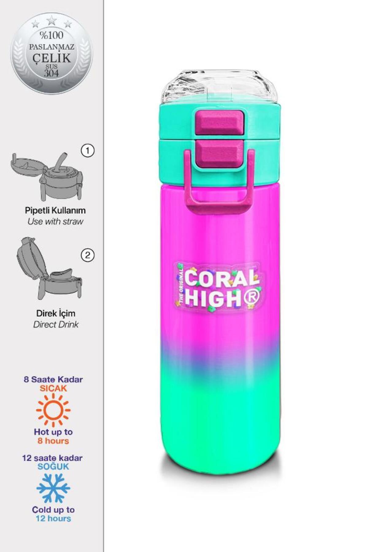 Kids Pembe Su Yeşili Renk Geçişli Pipetli ve Direkt İçim Çelik Termos 500 ml 31838
