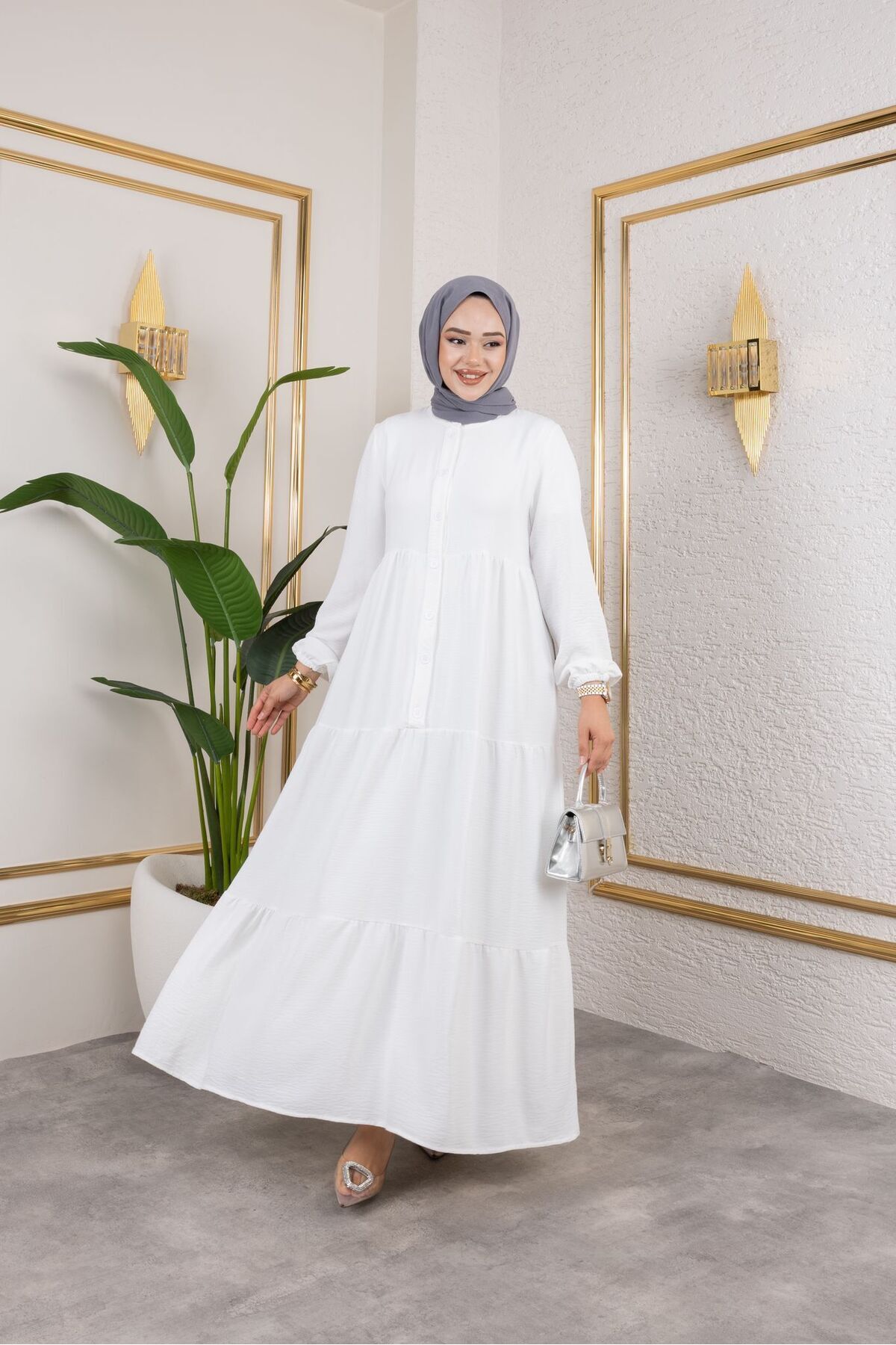 exxitcollection Kadın Ayrobin Beyaz Şık ve Rahat Kesim Kumaş Boydan Tesettür Elbise