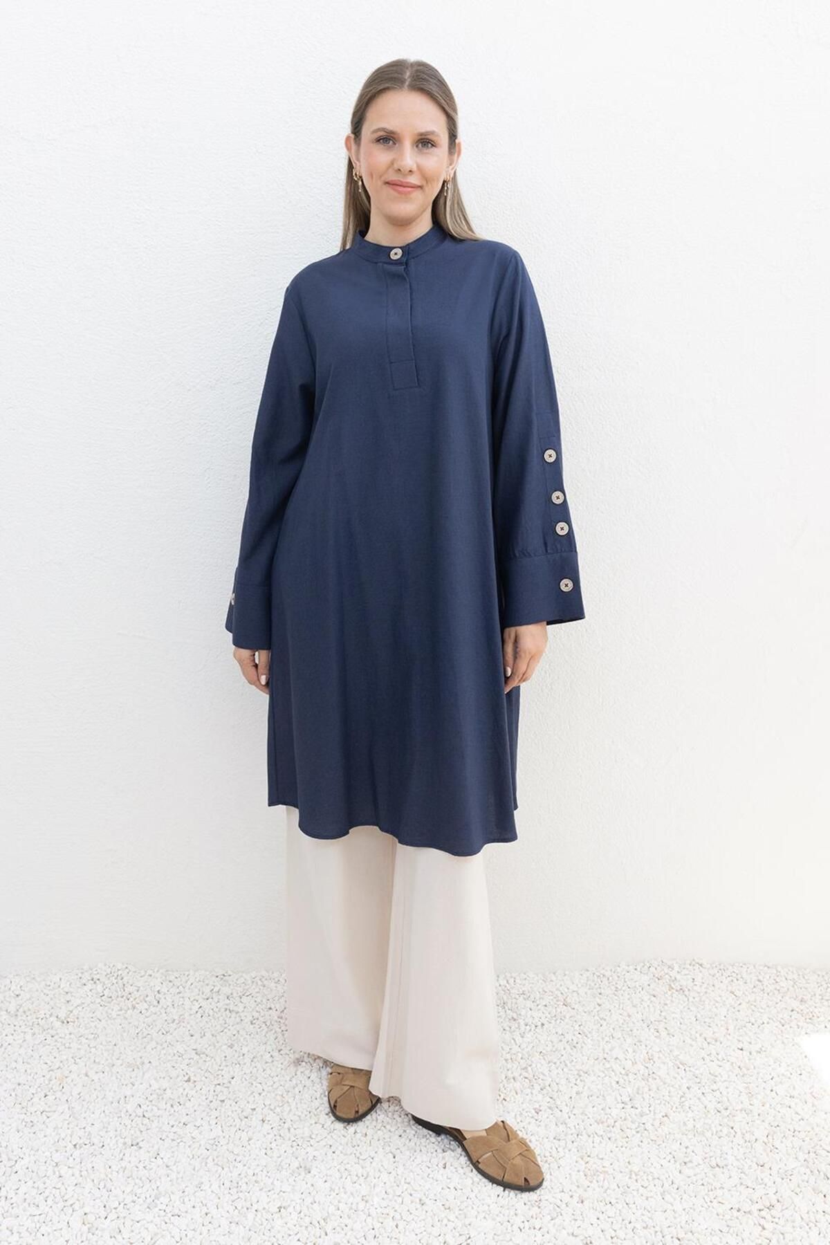 ALLDAY-Indigo-Cuff Button Linen Tunic 2
