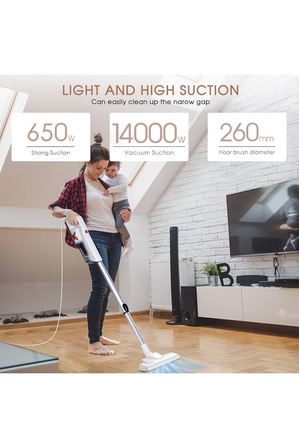 Generic-Corded Stick Vacuum Cleaner 650W, 18KPa Suction Power, 5M Cord, Lightweight and Multifunctional 7