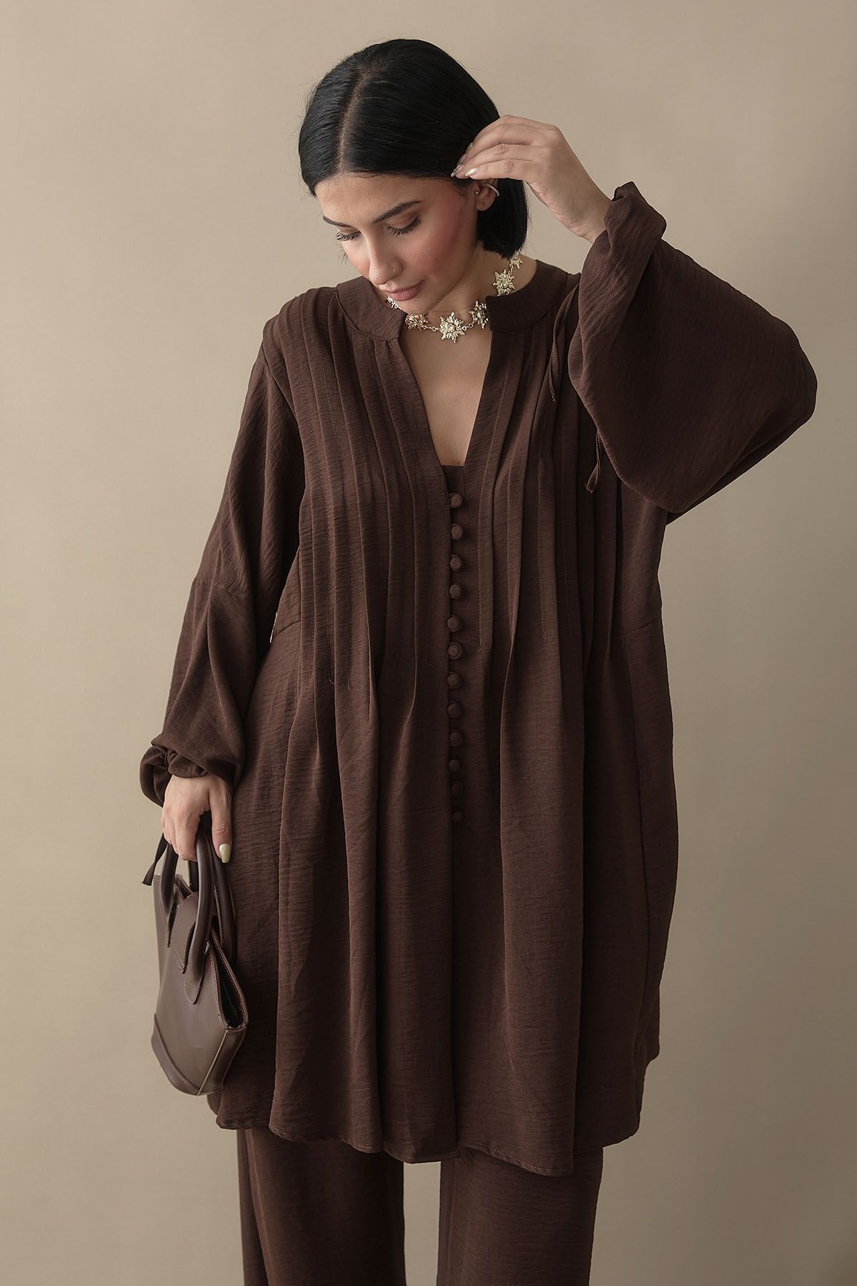 InStyle-Ribbed Handle Drawstring Bitter Brown Ayrobin Set 4